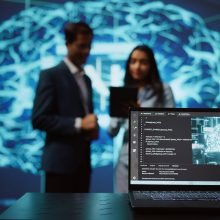 Focus on laptop in workspace used by AI researchers working with artificial intelligence in blurry background. Close up of notebook used by employees developing AI systems in tech startup, camera B